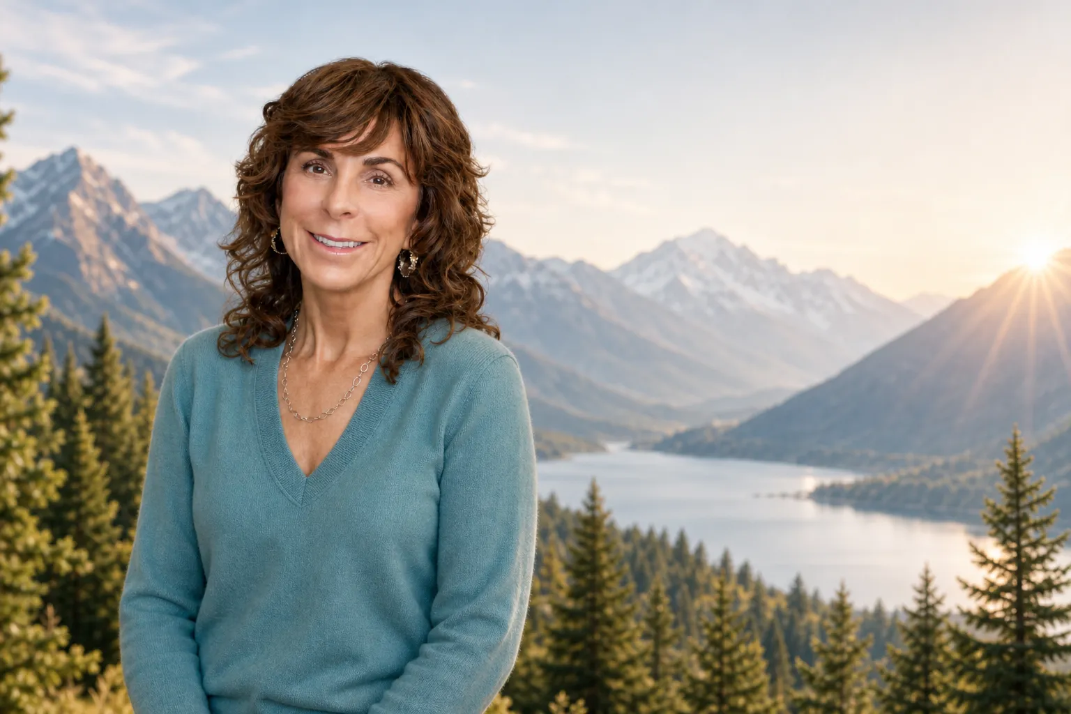 Christine Comaford in front of a mountain landscape at golden sunrise