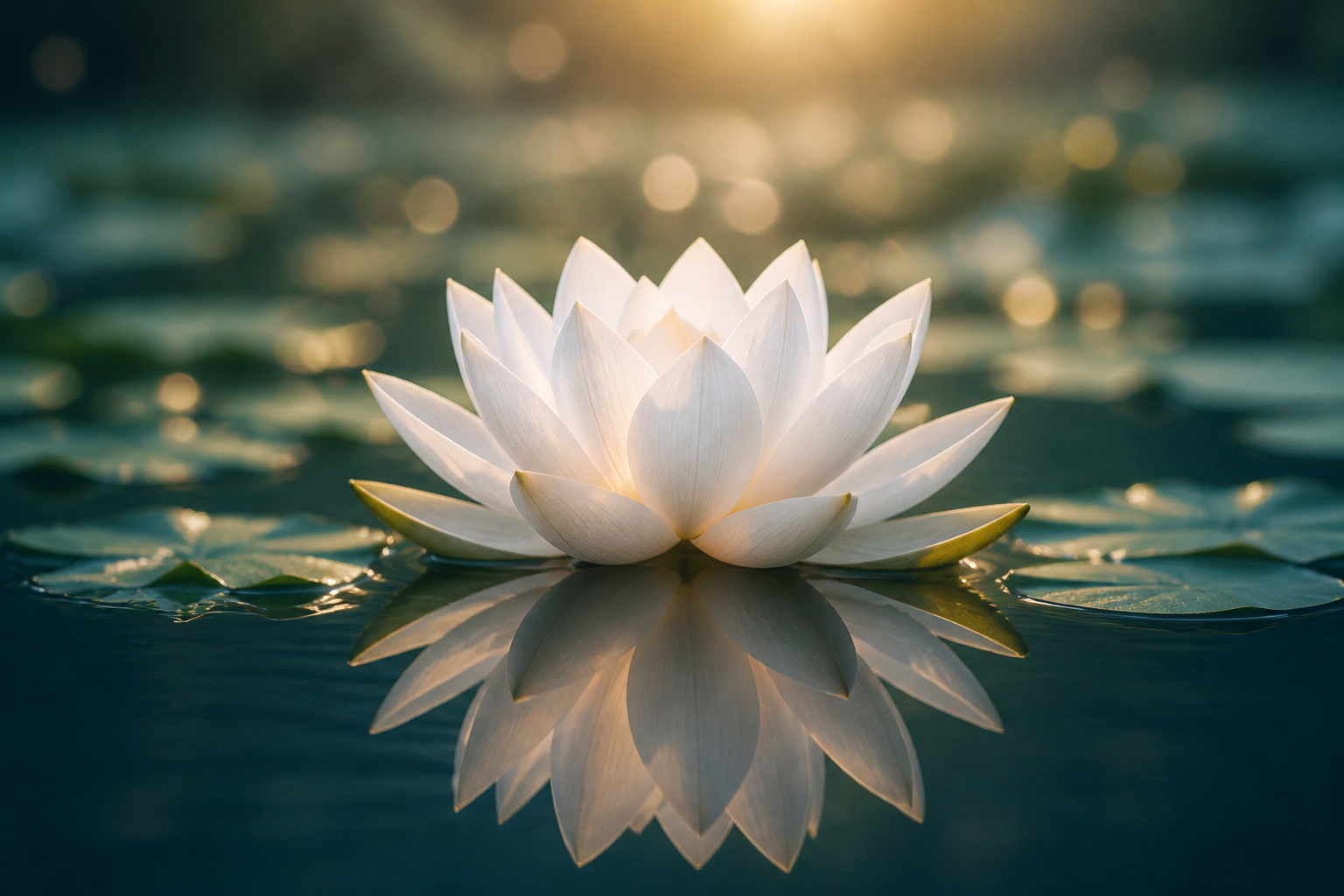White lotus flower floating on calm water