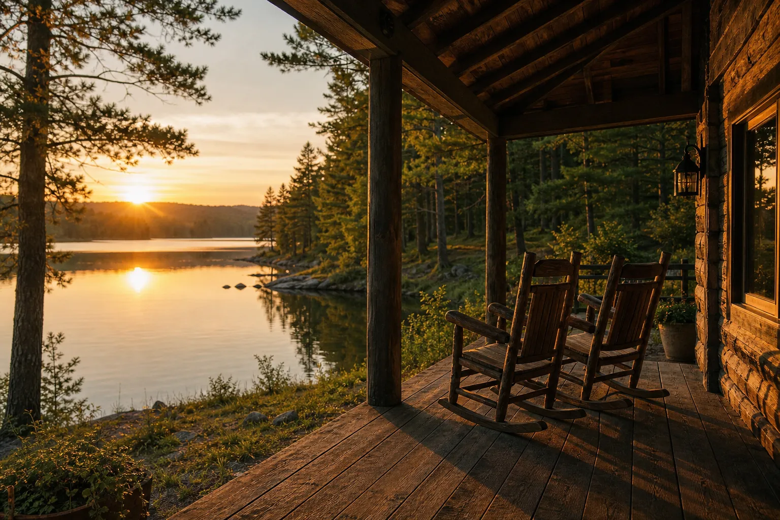 Serene lakeside retreat at golden hour