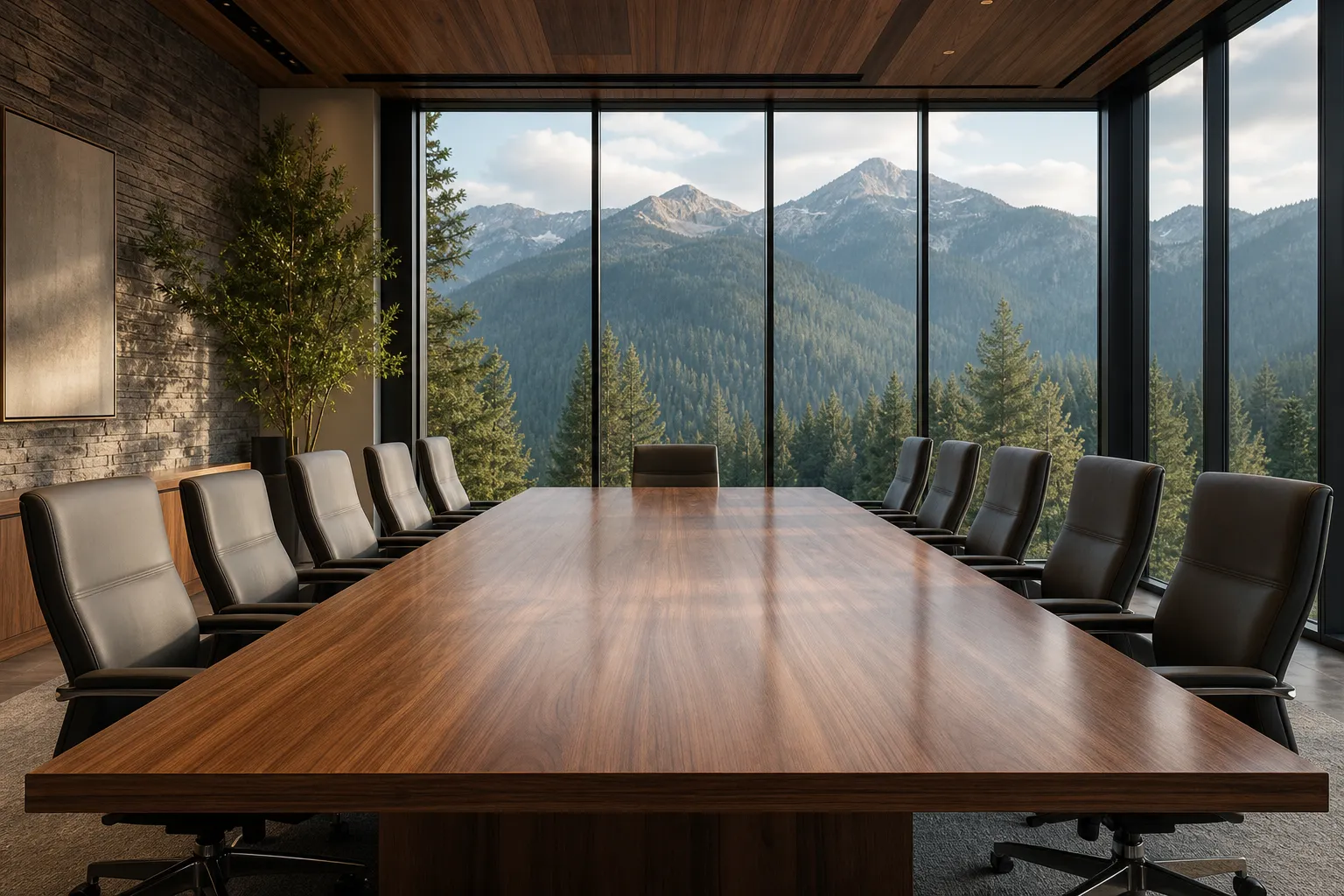 Modern conference room with mountain views